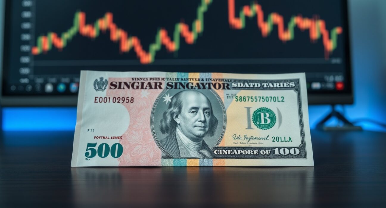 Singapore dollar and US dollar banknotes on a desk with a financial chart in the background