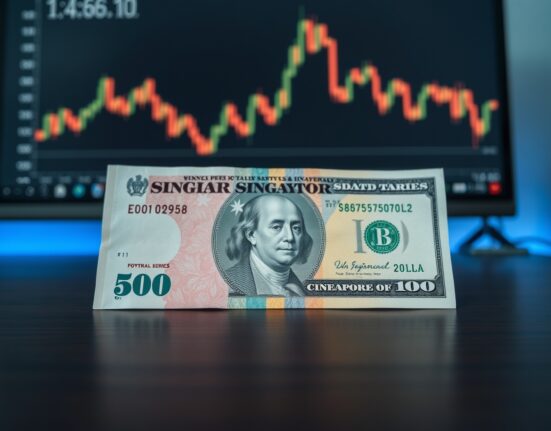 Singapore dollar and US dollar banknotes on a desk with a financial chart in the background