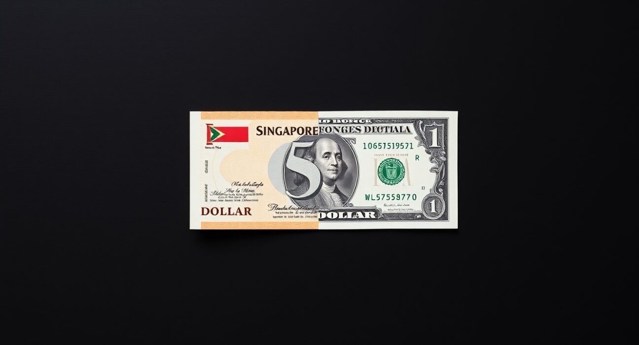 Singapore dollar and US dollar banknotes on a wooden surface representing currency exchange rate analysis.