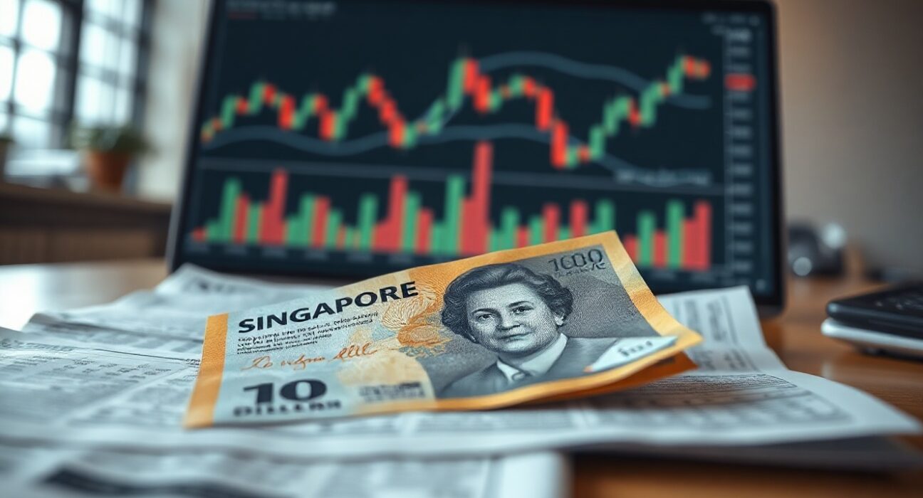 Singapore dollar banknote with forex chart in background