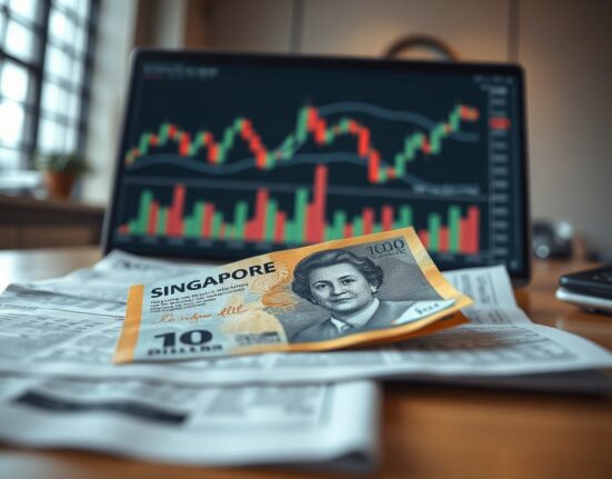 Singapore dollar banknote with forex chart in background
