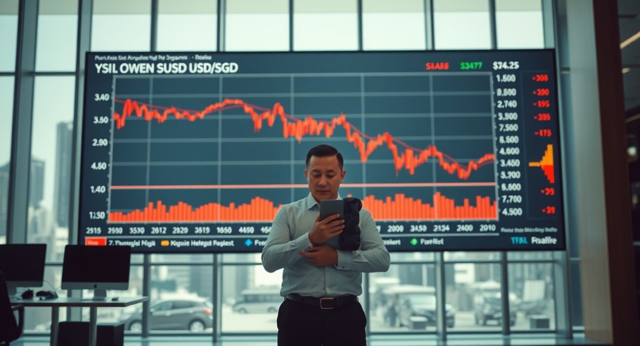 Financial analyst monitoring USD/SGD chart in Singapore trading floor