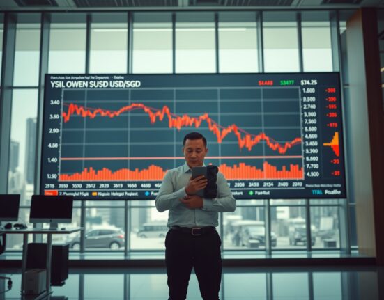 Financial analyst monitoring USD/SGD chart in Singapore trading floor