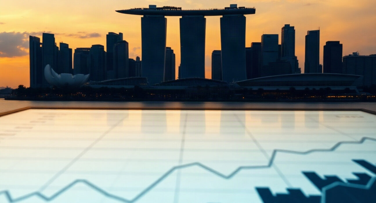 Singapore skyline at sunset with financial district and Marina Bay Sands, symbolizing currency market analysis.