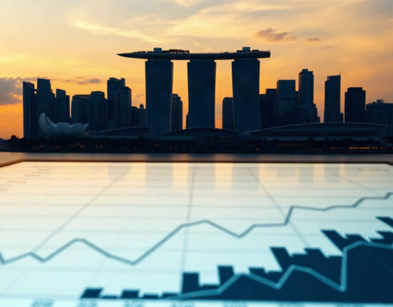 Singapore skyline at sunset with financial district and Marina Bay Sands, symbolizing currency market analysis.