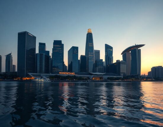 Singapore financial skyline at dusk reflecting economic strength and monetary policy caution