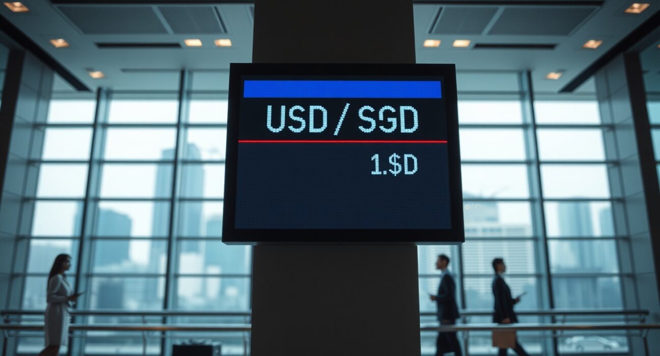 Digital exchange rate board showing USD/SGD in a Singapore financial district setting.