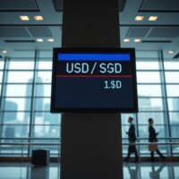 Digital exchange rate board showing USD/SGD in a Singapore financial district setting.