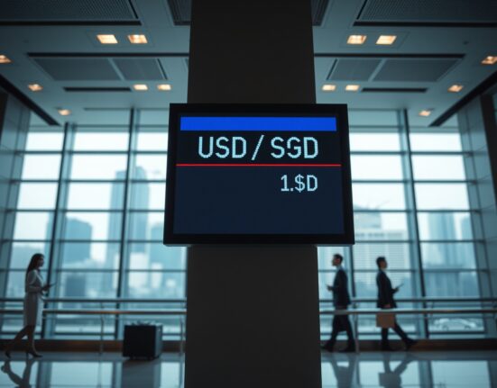 Digital exchange rate board showing USD/SGD in a Singapore financial district setting.