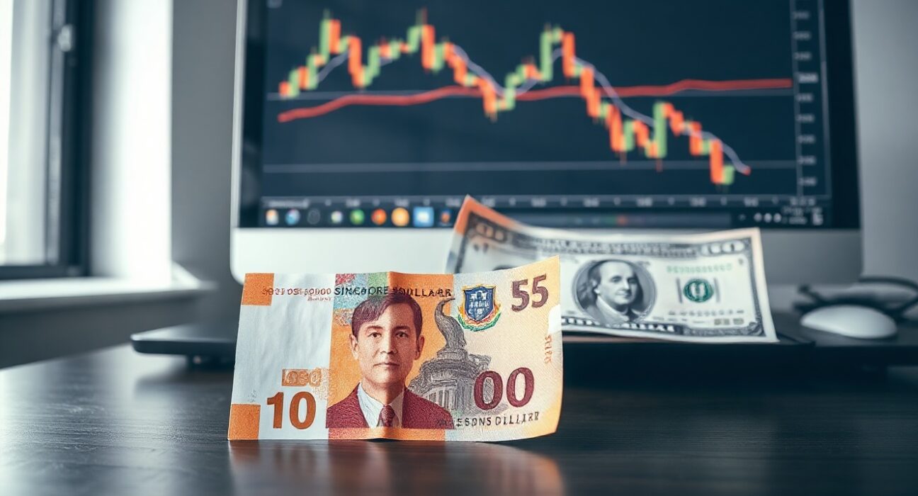 Singapore Dollar and US Dollar banknotes with a forex chart showing a downward trend in the background