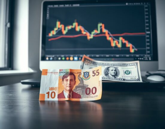 Singapore Dollar and US Dollar banknotes with a forex chart showing a downward trend in the background