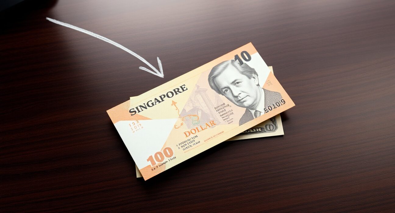 Singapore Dollar banknote with US Dollar bill on desk, downtrend arrow in background.