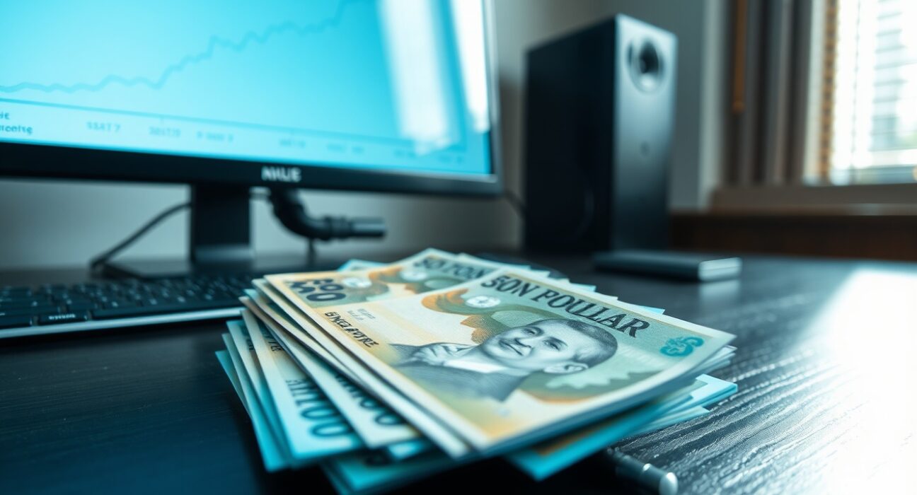 Singapore dollar banknotes on a desk with a financial chart in the background, representing currency and monetary policy analysis.