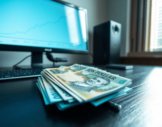 Singapore dollar banknotes on a desk with a financial chart in the background, representing currency and monetary policy analysis.