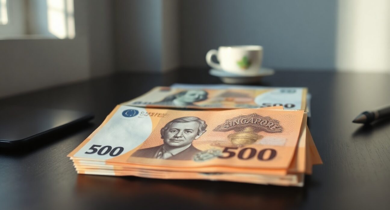 Close-up of Singapore dollar banknotes on a desk with a blurred US dollar bill in the background.