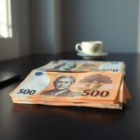 Close-up of Singapore dollar banknotes on a desk with a blurred US dollar bill in the background.