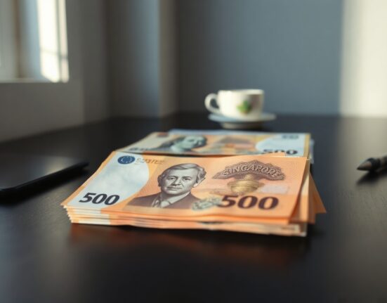Close-up of Singapore dollar banknotes on a desk with a blurred US dollar bill in the background.