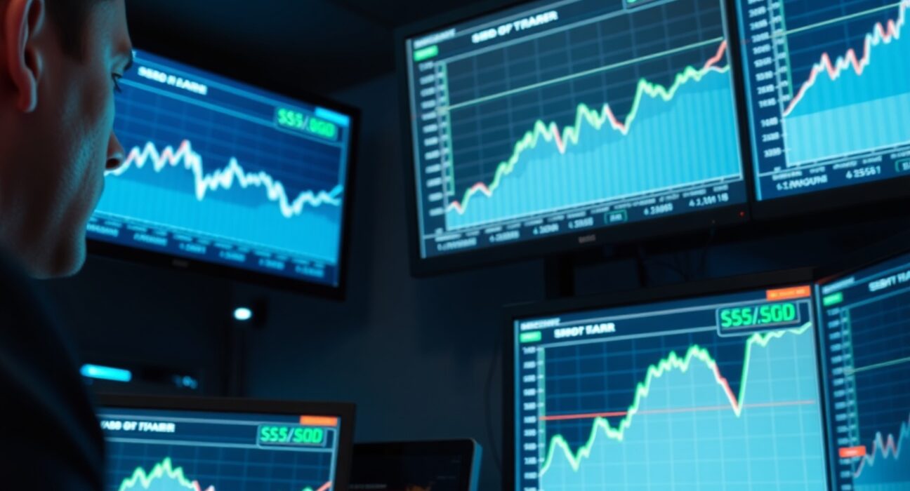 Trader analyzing USD/SGD currency pair on multiple monitors in a modern trading office.