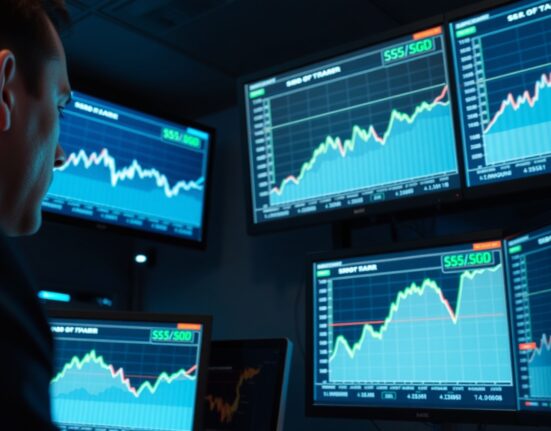 Trader analyzing USD/SGD currency pair on multiple monitors in a modern trading office.