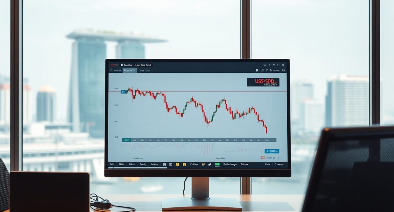 Financial analyst desk with USD/SGD trading chart and Singapore skyline view