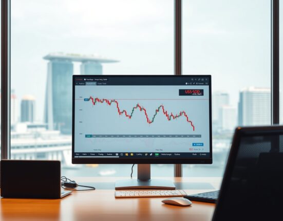 Financial analyst desk with USD/SGD trading chart and Singapore skyline view