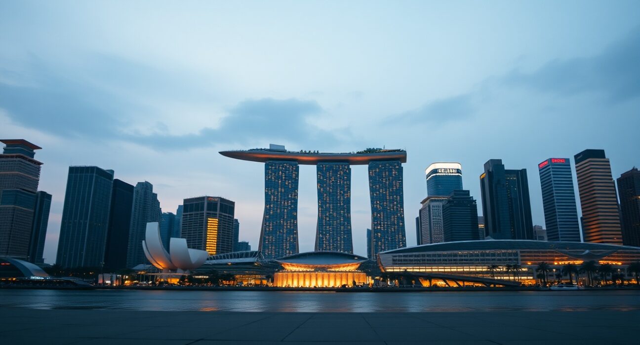 Singapore skyline at dusk with financial district buildings under overcast sky, representing economic policy concern.