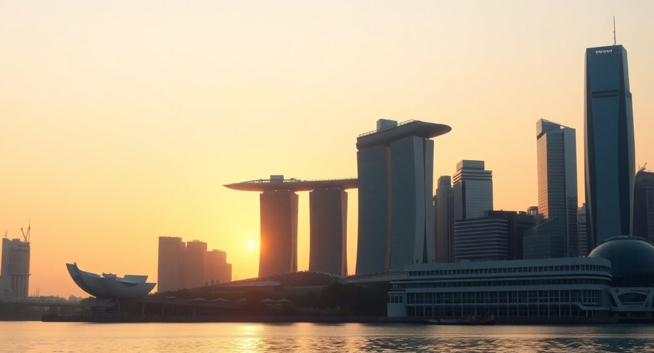 Singapore skyline at sunrise reflecting on Marina Bay