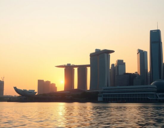 Singapore skyline at sunrise reflecting on Marina Bay