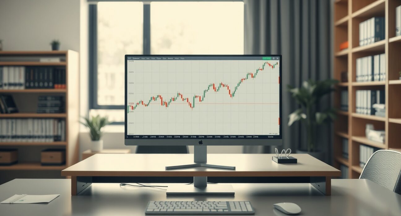 Computer monitor displaying USD/SGD forex chart with slight upward trend in a professional office setting