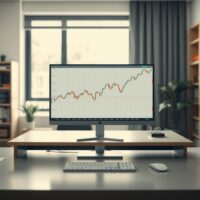 Computer monitor displaying USD/SGD forex chart with slight upward trend in a professional office setting