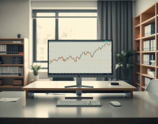 Computer monitor displaying USD/SGD forex chart with slight upward trend in a professional office setting
