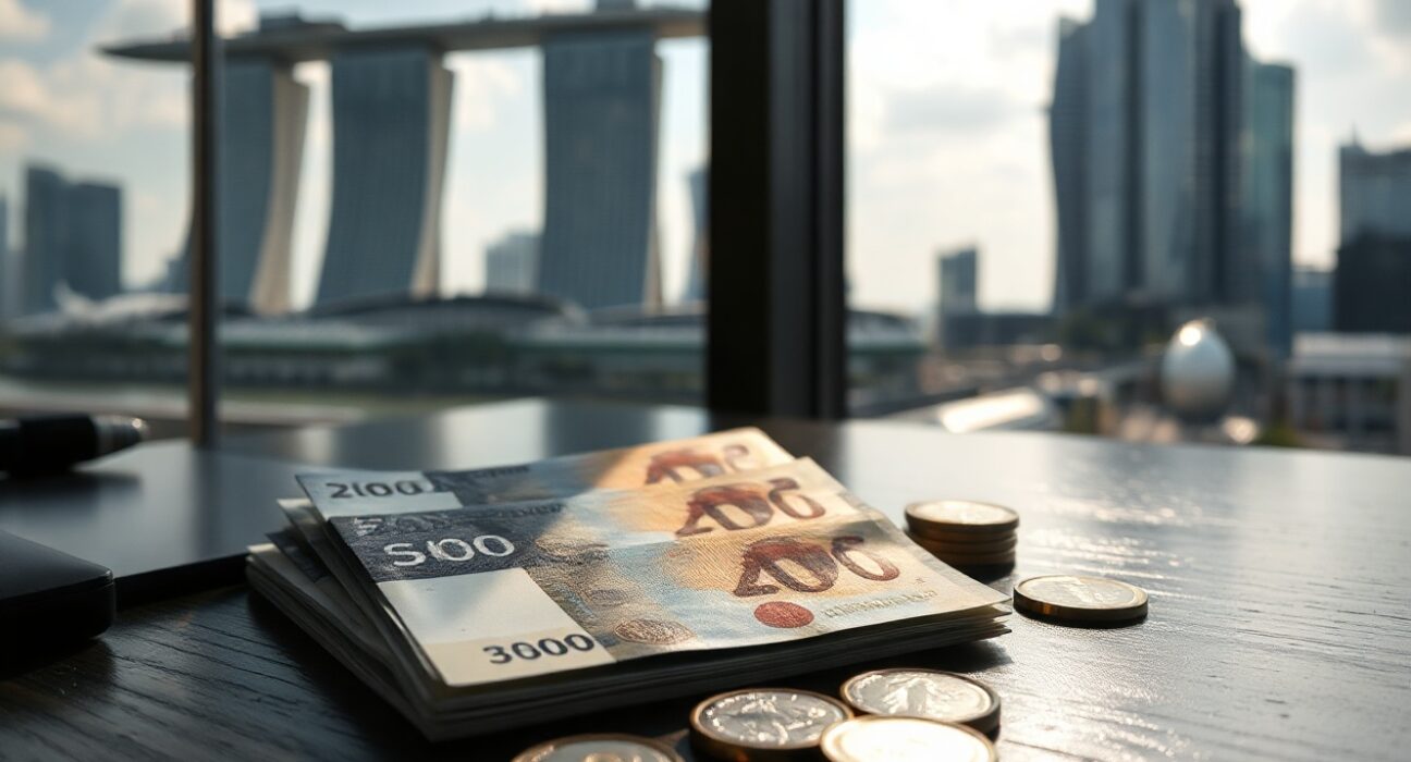 Singapore dollar banknotes and coins with the Singapore skyline in the background