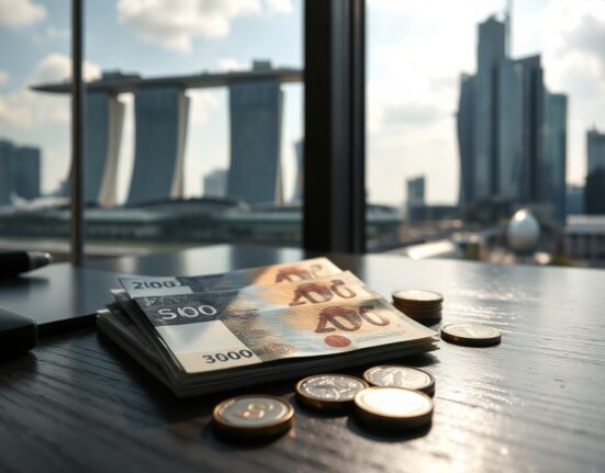 Singapore dollar banknotes and coins with the Singapore skyline in the background