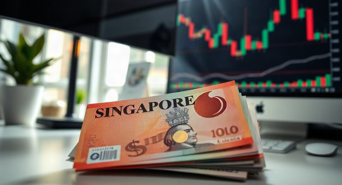 Singapore dollar banknotes and US dollar bills on a financial desk with a chart on screen