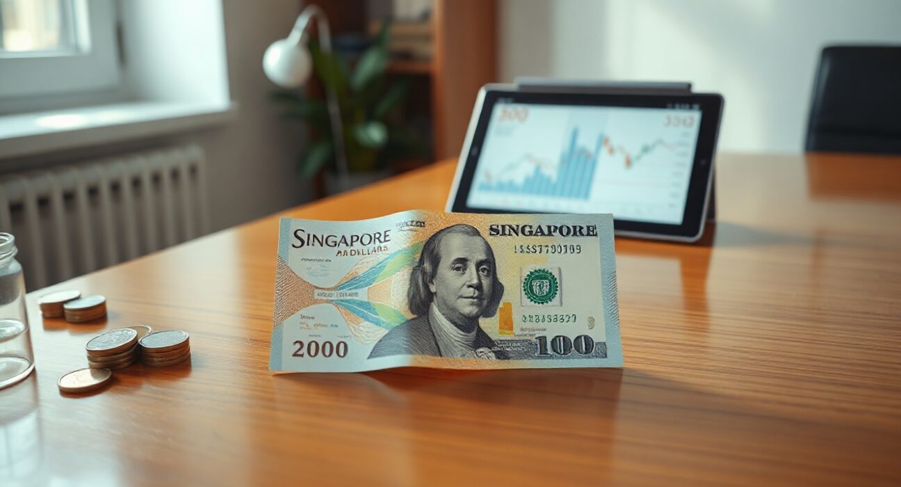 Singapore Dollar and US Dollar banknotes on a desk with a financial chart in background