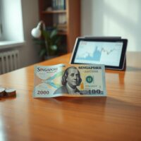 Singapore Dollar and US Dollar banknotes on a desk with a financial chart in background