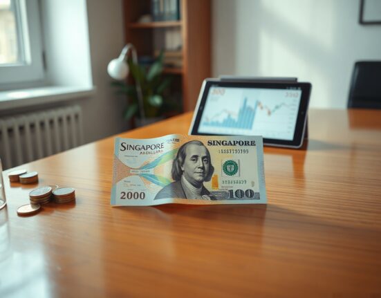 Singapore Dollar and US Dollar banknotes on a desk with a financial chart in background