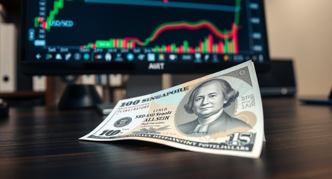 Singapore dollar banknote and US dollar bill on a desk with a forex trading monitor in the background