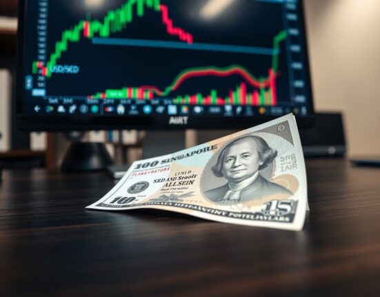 Singapore dollar banknote and US dollar bill on a desk with a forex trading monitor in the background
