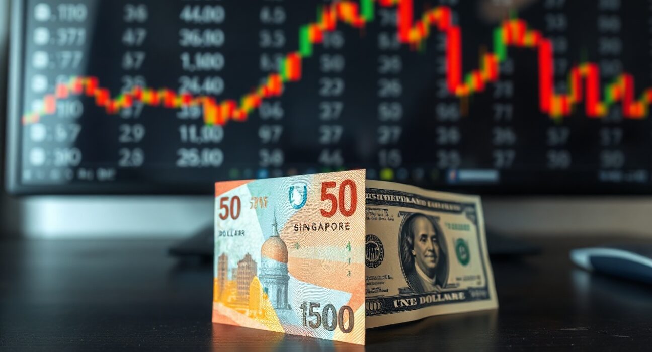 Singapore dollar and US dollar banknotes on a desk with financial chart in background