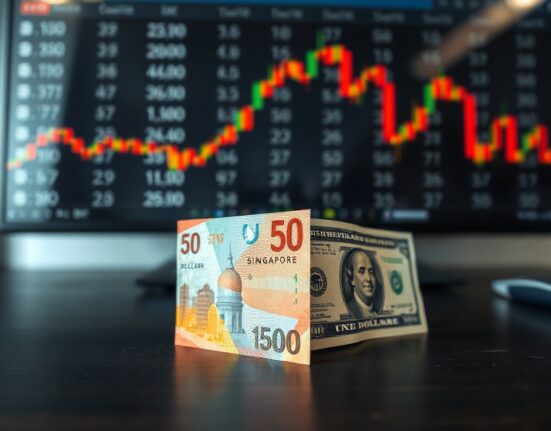 Singapore dollar and US dollar banknotes on a desk with financial chart in background