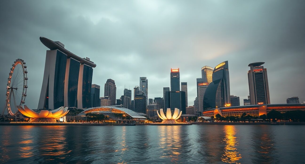 Singapore skyline at dusk with Marina Bay Sands and financial district, reflecting economic and forex pressure.
