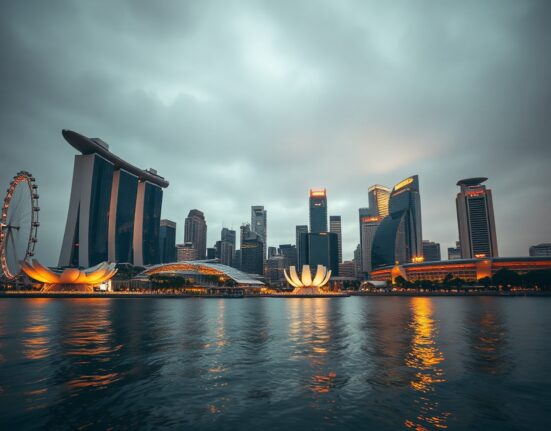 Singapore skyline at dusk with Marina Bay Sands and financial district, reflecting economic and forex pressure.