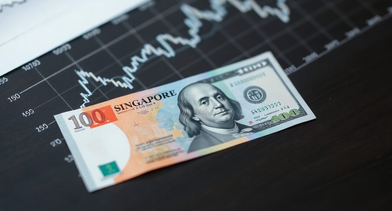 Singapore dollar and US dollar banknotes on a desk with financial chart background