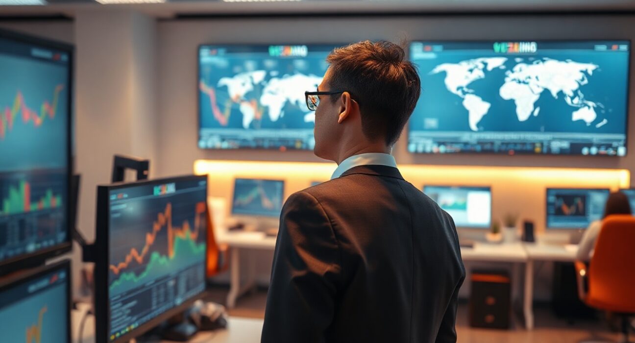 Financial analyst monitors USD/SGD currency exchange rate charts on multiple screens in a modern office.