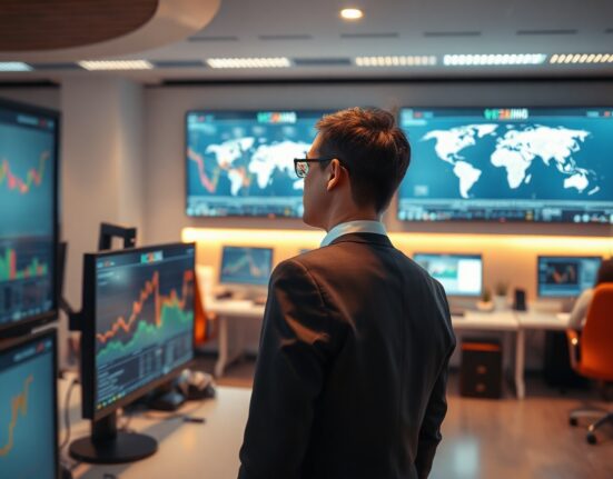 Financial analyst monitors USD/SGD currency exchange rate charts on multiple screens in a modern office.