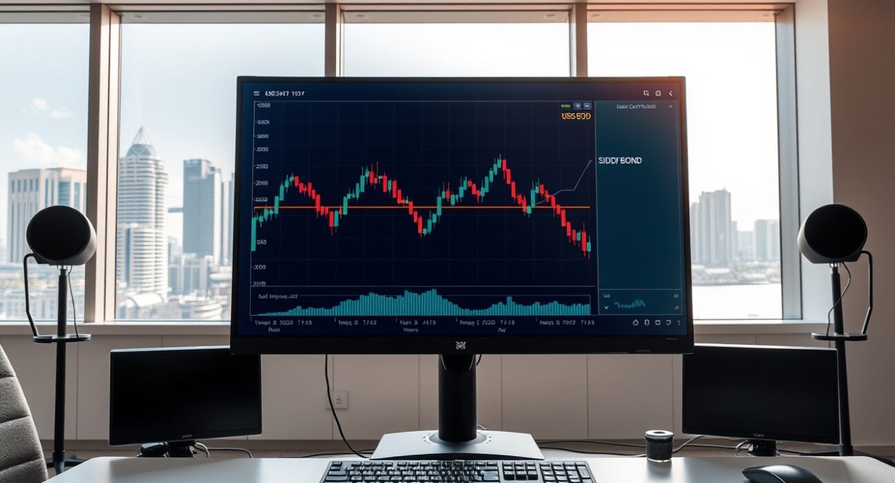 Professional forex trading desk in Singapore showing USD/SGD currency chart on a monitor