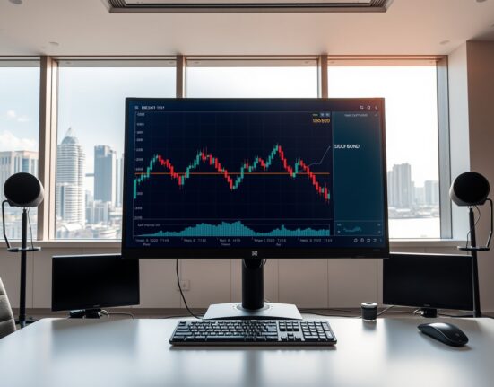 Professional forex trading desk in Singapore showing USD/SGD currency chart on a monitor