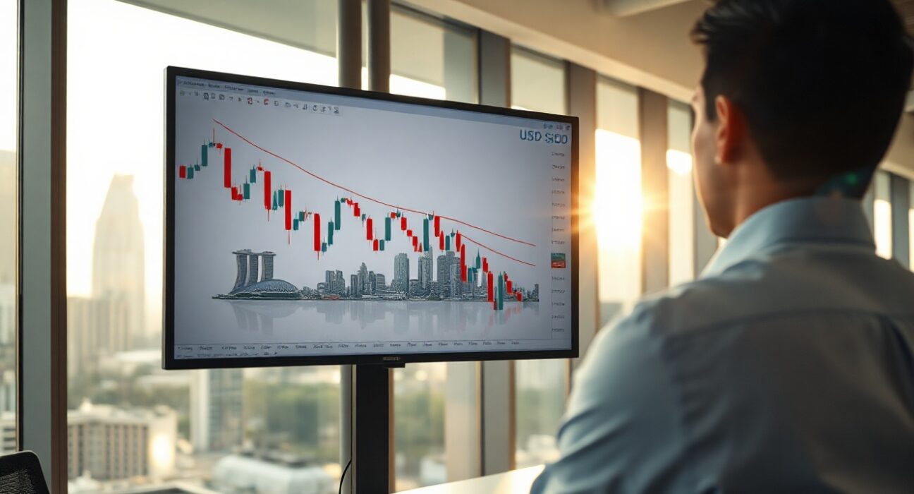 Analyst monitoring USD/SGD chart showing range-bound movement in a Singapore office