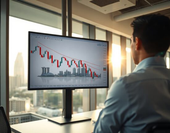 Analyst monitoring USD/SGD chart showing range-bound movement in a Singapore office